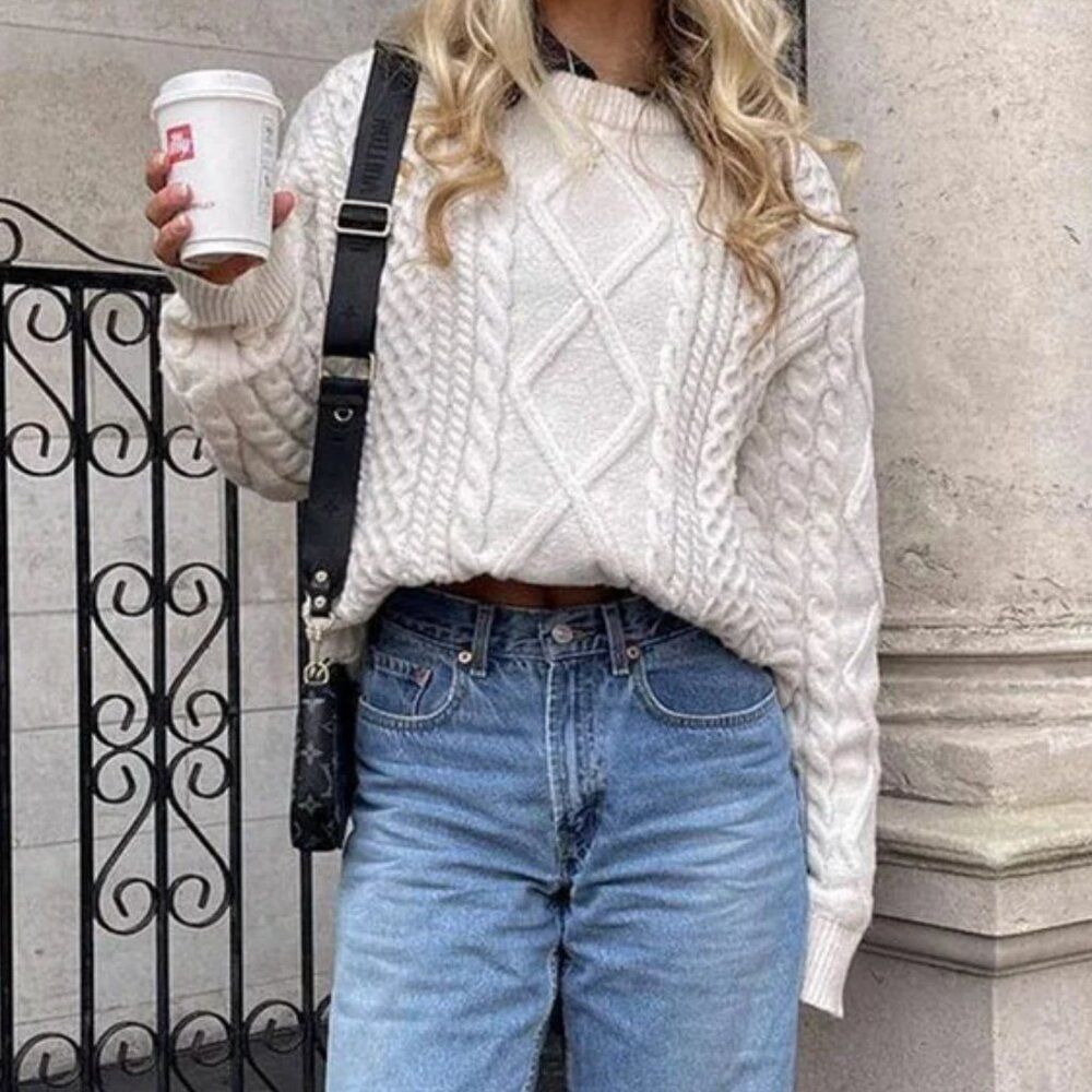 Aelfric Eden Ivory Cable Knit Oversized Sweater Crewneck XXL 90s Preppy